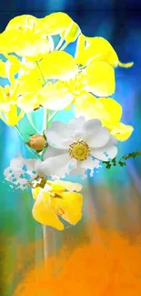 Vibrant yellow and white floral abstract art wallpaper.