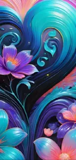 Vibrant floral abstract wallpaper with turquoise and purple hues.