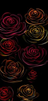 Vibrant abstract roses on black wallpaper