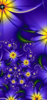 Vibrant floral abstract phone wallpaper with purple and yellow flowers.