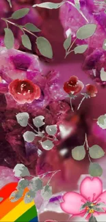 Vibrant floral abstract wallpaper with purple hues and leaf patterns.