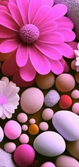 Vibrant abstract art with pink flowers and pastel orbs.