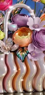 Colorful floral abstract art wallpaper with a metallic vase.