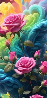 Vibrant pink roses with colorful abstract background.