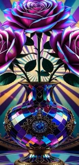 Vibrant abstract wallpaper with colorful roses and intricate vase design.