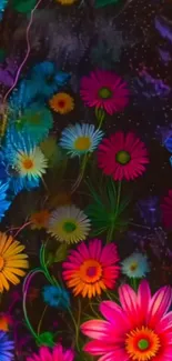 Vibrant and colorful abstract floral wallpaper with vivid flowers on a dark background.