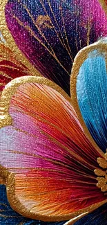 Vibrant floral abstract art with colorful petals and golden outlines.