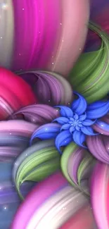 Vibrant abstract floral design in pink, green, and blue hues for mobile wallpaper.