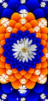 Vibrant blue and orange floral wallpaper with daisies and butterflies.