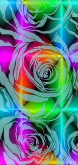 Mobile wallpaper with neon roses in a colorful abstract pattern.