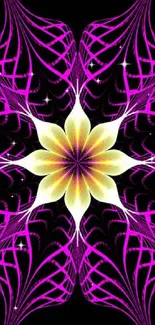 Abstract floral wallpaper with vibrant purple and yellow colors on a dark background.