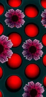 Abstract wallpaper with red dots and purple flowers on a dark background.