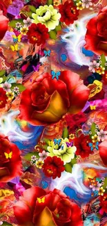 Colorful abstract floral wallpaper with vibrant red roses.