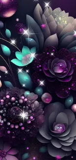 Vibrant abstract floral wallpaper with purple and teal flowers.