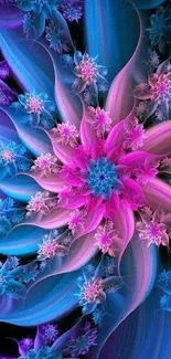 Vibrant pink and blue abstract floral design wallpaper.