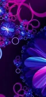 Vibrant purple and blue floral abstract wallpaper design.