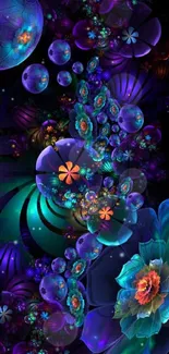 Vibrant abstract wallpaper with blue and purple floral designs.