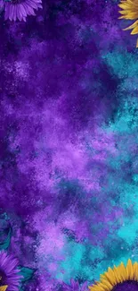 Vibrant purple and teal floral abstract wallpaper with sunflowers.
