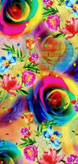 Colorful abstract floral wallpaper with vibrant roses and flowers.