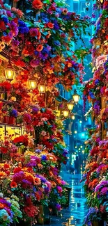 A vibrant floral alleyway with colorful flowers and lantern lights.