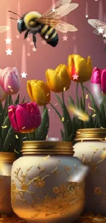 Colorful flowers and bees in ornate vases with a gradient background.