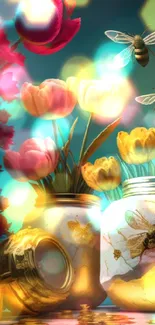 Vibrant floral wallpaper with pink tulips, golden jars, and buzzing bees.