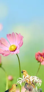 Mobile wallpaper with pink flowers and birds under a blue sky.