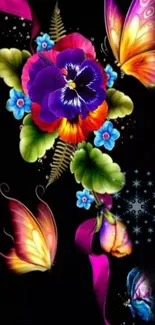 Colorful floral and butterfly art on a black background.