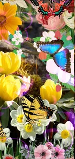 Vibrant floral and butterfly smartphone wallpaper with yellow flowers.