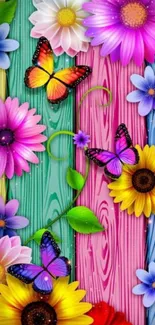 Colorful floral and butterfly wallpaper on wood background.