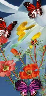 Vibrant butterflies and flowers on blue background