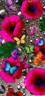 Vibrant pink flowers and butterflies on a dynamic background.