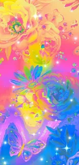 Vibrant floral and butterfly fantasy wallpaper with rainbow colors.