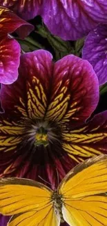 Vibrant purple flowers with a golden butterfly.