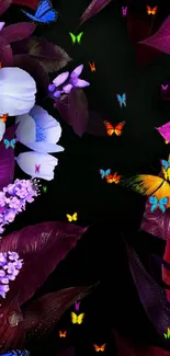 Vibrant purple flowers with butterflies wallpaper.