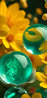 Yellow flowers and green crystal spheres artwork wallpaper.