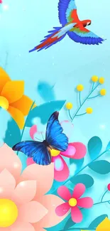 Colorful wallpaper with flowers, butterfly, and a parrot on a blue background.