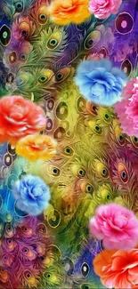 Vibrant floral and peacock feather wallpaper with colorful blooms.