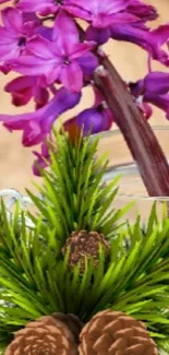 Vibrant purple flowers with green pine design.