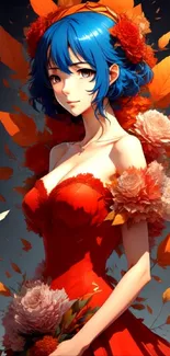 Anime character with blue hair adorned in red dress surrounded by vibrant flowers.