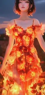 Anime girl in a glowing floral dress at sunset.