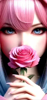 Anime girl with pink hair holding a rose.