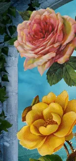 Floral arch wallpaper with yellow and pink roses on a serene blue sky background.