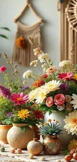 Colorful floral arrangement in rustic vases.