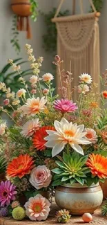 Vibrant floral arrangement with diverse flowers in a cozy setting.