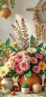 Vibrant floral arrangement in rustic pots with a macrame backdrop.