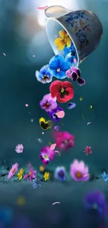 Cup overflowing with vibrant flowers creating a breathtaking visual on dark teal background.