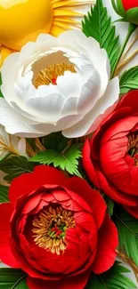 Vibrant red and white flower art wallpaper with green leaves.