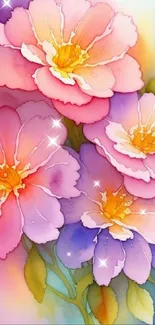 Vibrant watercolor floral wallpaper with pink and purple flowers.