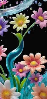 Vibrant floral artwork with colorful daisies on a black background.